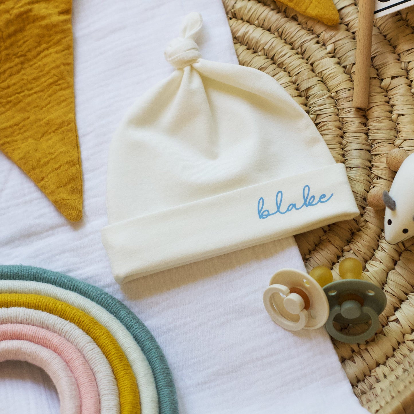 Personalised Cream Jersey Baby Knot Hat